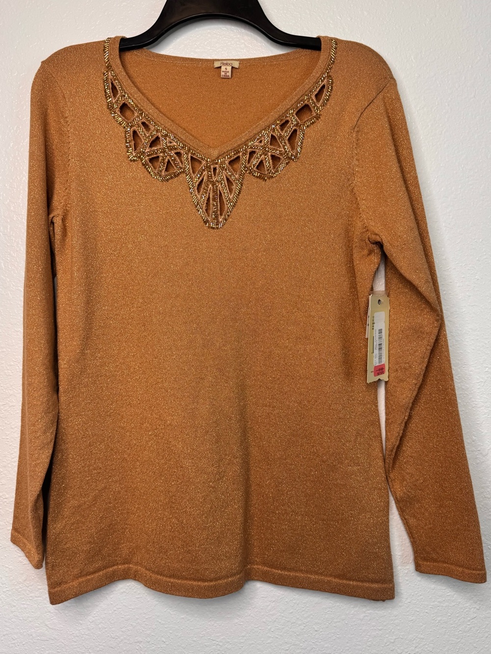 NWT Reba Gold Metallic Long Sleeve Embellished Beaded Knit Top Cut Out Shimmery